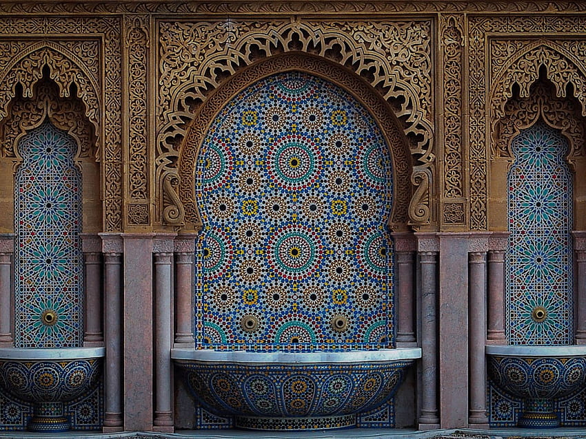 casablanca, marocco, Maroko, Mosaik, Lengkungan, arsitektur, pola, benang, air mancur - latar belakang Wallpaper HD