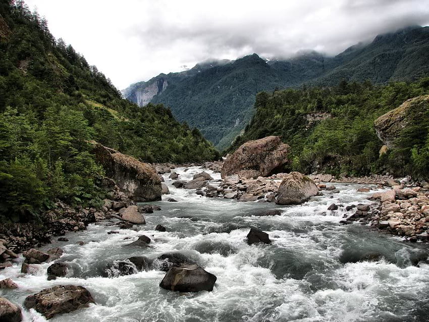 Rushing River, river, water, rocks, mountain HD wallpaper