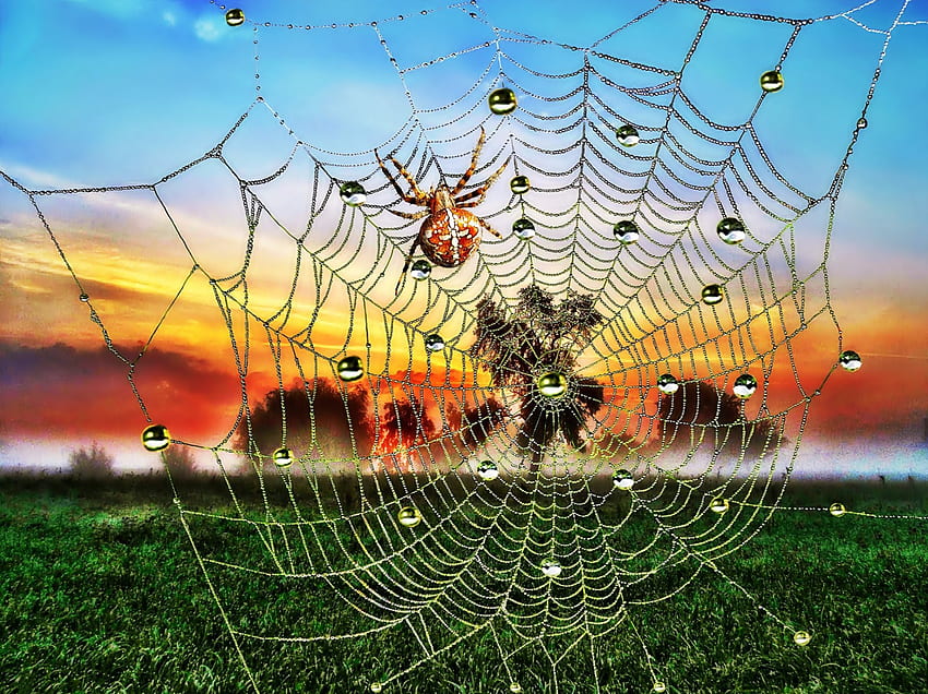 Spider - spider web, drops, insects, spider web, water, Spider HD wallpaper