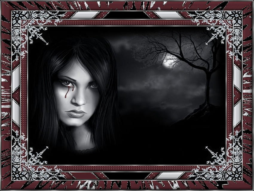 GOTHIC MOON, gothic, moon, tears, face, blood, female HD wallpaper
