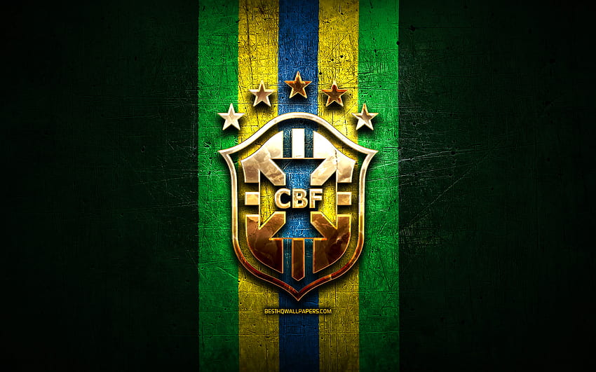 Brasilianische Fußballnationalmannschaft, goldenes Logo, Südamerika, Conmebol, grüner Metallhintergrund, brasilianische Fußballmannschaft, Fußball, CBF-Logo, Fußball, Brasilien für mit Auflösung. Gute Qualität HD-Hintergrundbild