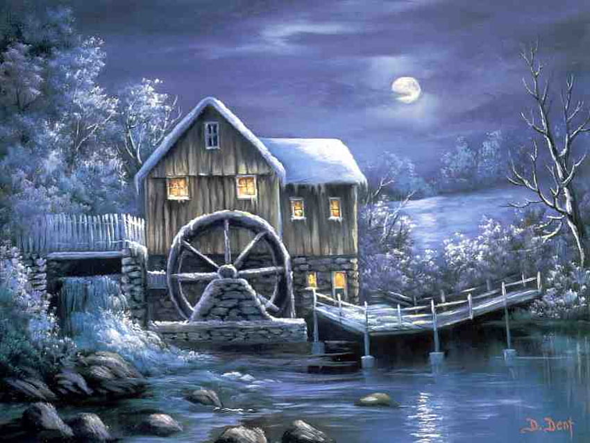 The Frosty Mill, molino, frío, lago, luna, bonito, árboles, cielo, tarde, hielo fondo de pantalla