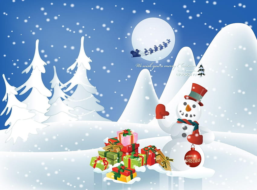 Holidays, New Year, Moon, Fir-Trees, Deers, Snowman, Christmas, Flight, Inscription, Sleigh, Sledge, Presents, Gifts HD wallpaper