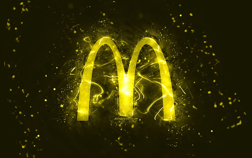 Жълто лого на McDonalds, , жълти неонови светлини, творчески, жълт абстрактен фон, лого на McDonalds, марки, McDonalds HD тапет
