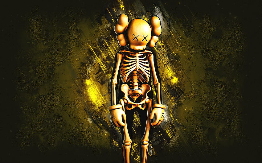 Fortnite Orange KAWS Skeleton Skin, Fortnite, karakter utama, latar belakang batu kuning, Orange KAWS Skeleton, Fortnite skins, Orange KAWS Skeleton Skin, Orange KAWS Skeleton Fortnite, karakter Fortnite Wallpaper HD