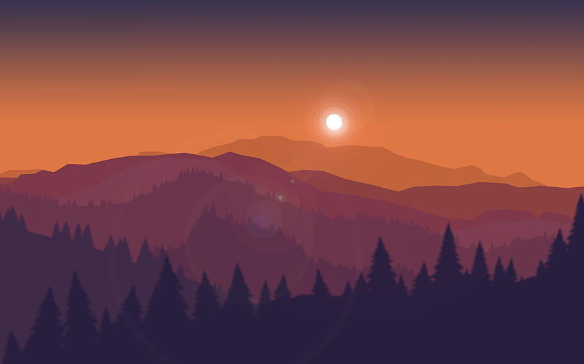 Flat Landscape, Sunset, Trees, Minimal Design HD wallpaper