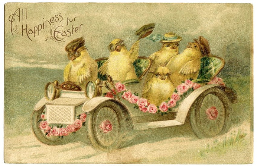 Happy Easter!, chicken, yellow, car, card, easter, vintage HD wallpaper