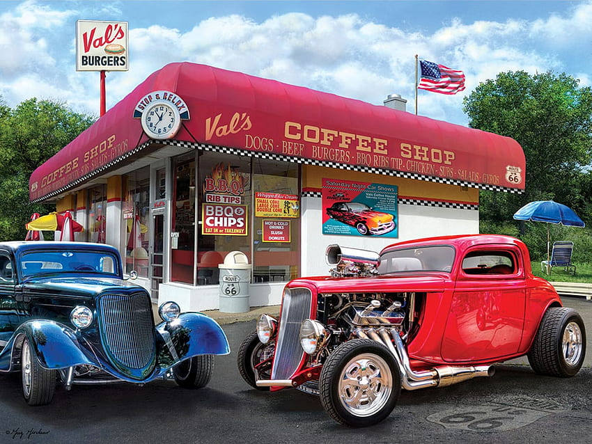 Val's Coffee Shop, artwork, hot rods, house, cars, digital HD wallpaper ...