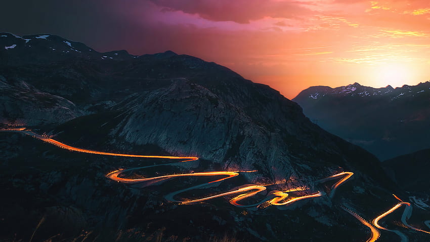 Sunset, trails of lights, mountains, road, long exposure HD wallpaper