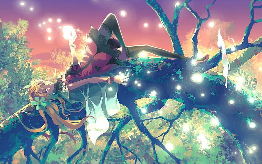 몽상가, 귀여운 소녀, 애니메이션 긴 머리, 판타지 애니메이션, 꽃, 나무 HD 월페이퍼