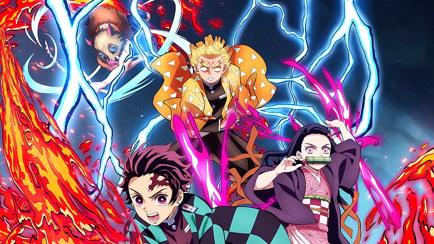 Tanjiro, Nezuko, Zenitsu e Inosuke wallpaper.  Wallpapers bonitos, Animes  wallpapers, Wallpaper