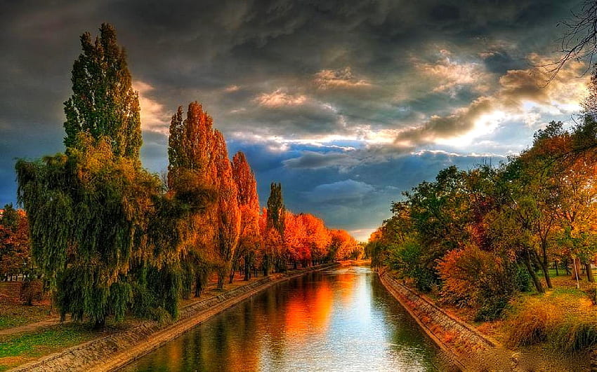 BEGA CANAL,Timisoara, Romania, canal, bega, fall, clouds, trees, autumn HD wallpaper