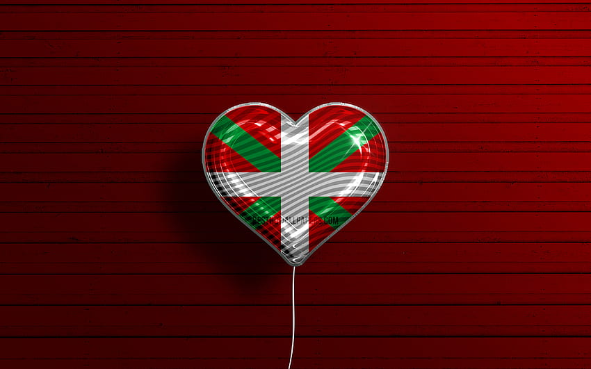Amo i Paesi Baschi, palloncini realistici, fondo in legno rosso, Giorno dei Paesi Baschi, Comunità della Spagna, bandiera dei Paesi Baschi, Spagna, palloncino con bandiera, comunità spagnole, bandiera dei Paesi Baschi, Paesi Baschi Sfondo HD