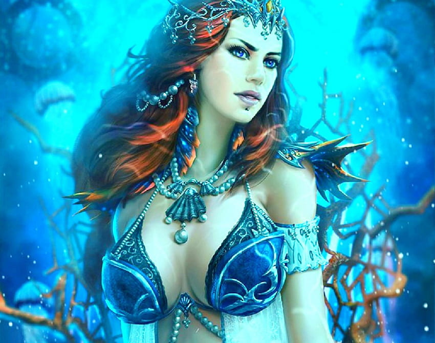 Putri Duyung Mata Biru, karang, putri duyung, mata biru, kepala merah, bawah air, kerang laut Wallpaper HD