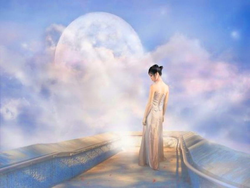 Oriental dream, clouds, bridge, sky, oriental, woman, pastels, beauty HD wallpaper
