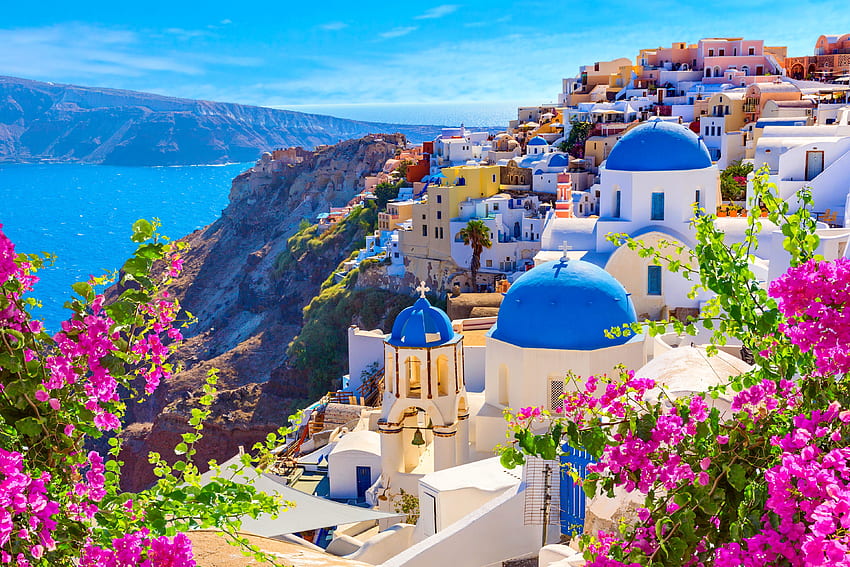 Santorini, mare, città, Grecia, bellissimo, estate, vista, fiori, resort Sfondo HD