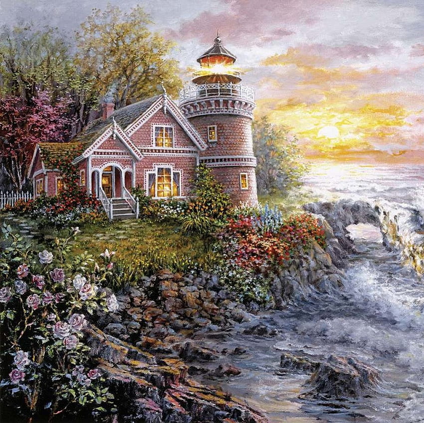 By Nicky Boehme, sea, lighthouse, painting, art, Nicky Boehme HD wallpaper