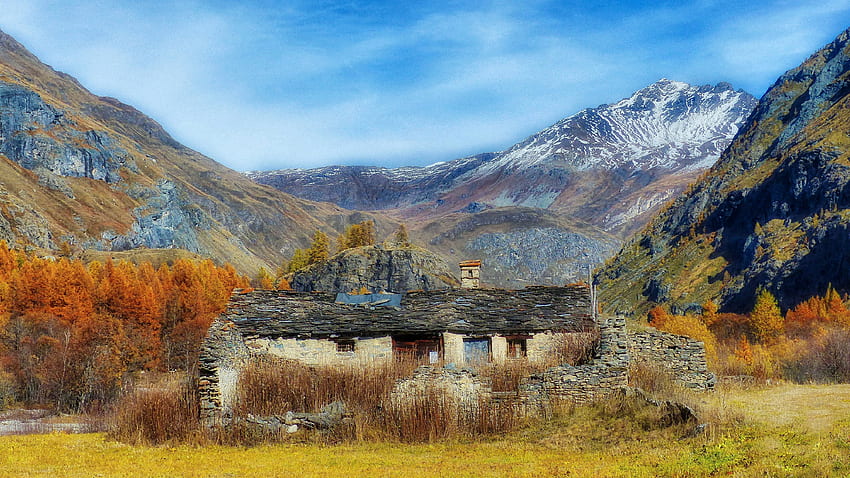 スイスアルプスの秋、秋、自然、山、家、スイス 高画質の壁紙