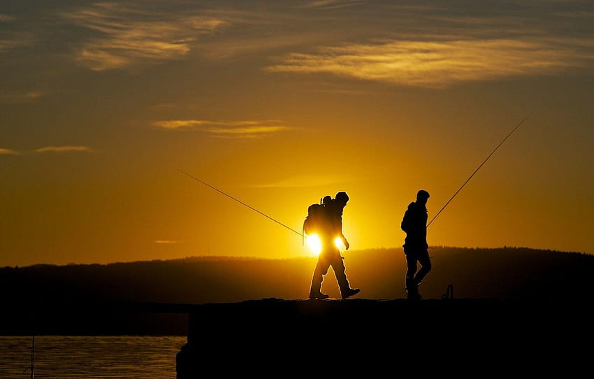 sunset, fishing, fishermen, backpack, spinning for , section мужчины HD wallpaper