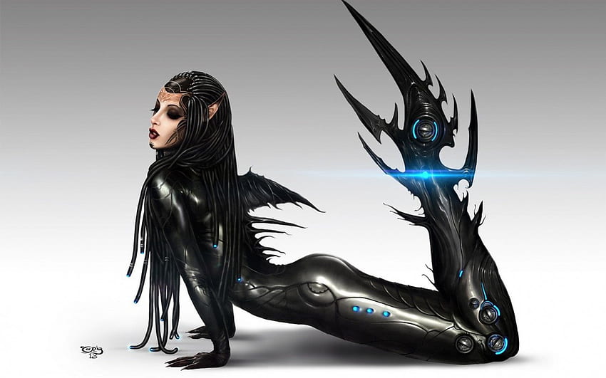 Cyborg-Meerjungfrau, Cyborg-Profil, Meerjungfrau, schwarz, Pose, Fantasie, Kunst, Mädchen, Schwanz HD-Hintergrundbild