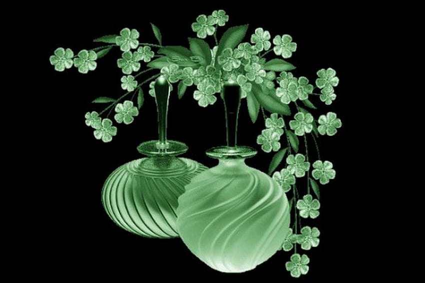 Boa sorte, trevo de quatro folhas, fundo preto, vasos, verde papel de parede HD