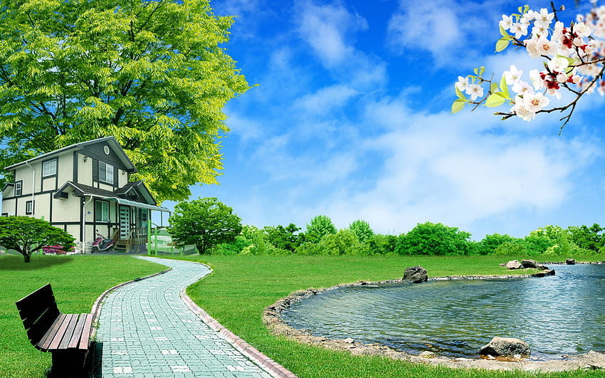 Pond near the house, nature, fantasy HD wallpaper