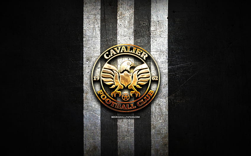 Cavalier FC, złote logo, Jamaica Premier League, czarne metalowe tło, piłka nożna, jamajski klub piłkarski, logo Cavalier FC, piłka nożna, Cavalier SC Tapeta HD