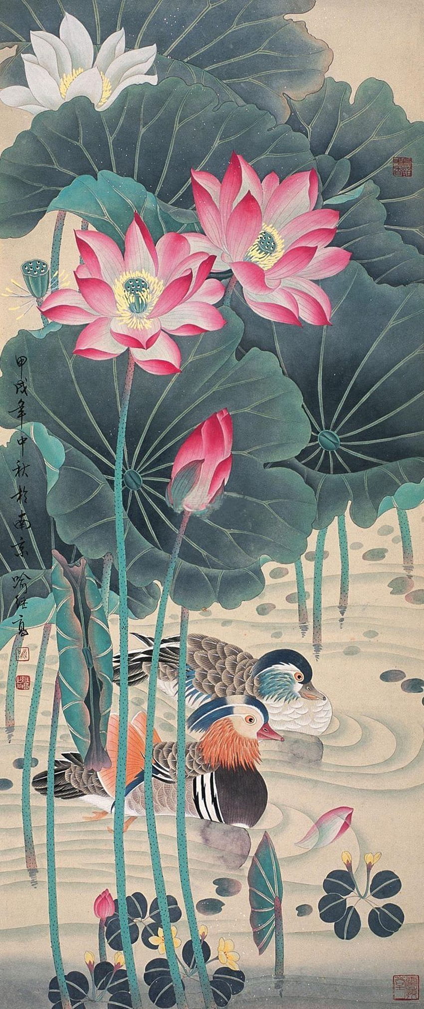 Cuadro oriental de flores de loto con patos. Hermoso loto chino mágico fondo de pantalla del teléfono