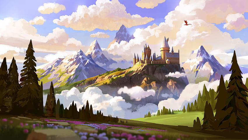 Хогуортс Хари Потър Дигитално изкуство Облаци Дървета Планини Замък Фантастично изкуство - Резолюция: HD тапет