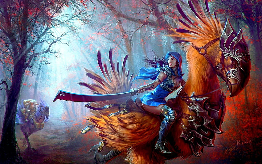 WARRIOR GIRL, burung, kayu, seni, gadis, raksasa, senjata Wallpaper HD