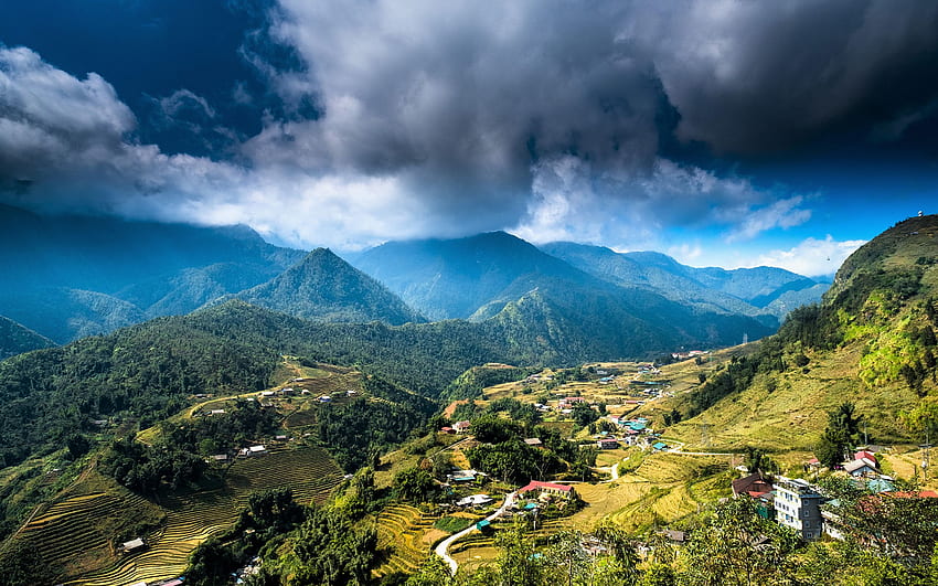 Vietnam Nature Mountains Fields Building HD wallpaper