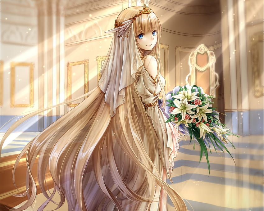 ♡ Bride ♡, bouquet, blond hair, blonde, sublime, wed, floral, long hair, dress, beauty, nice, cg, petals, flower, , angelic, happy, female, sweet, smiling, blond, divine, gorgeous, girl, beautiful, anime girl, wedding, anime, pretty, gown, lovely HD wallpaper
