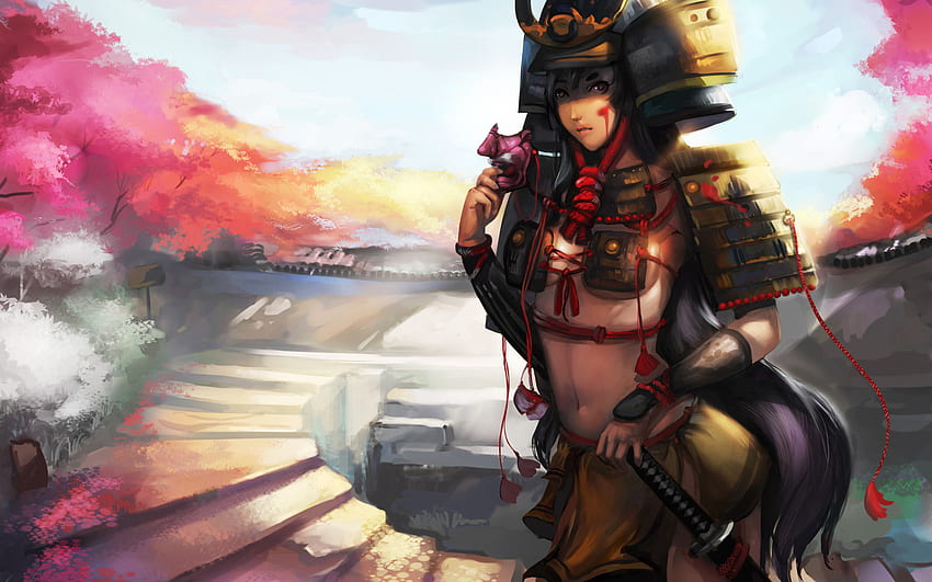 arte de fantasía guerreros orientales asiáticos armas espada katana armadura mujeres. fondo de pantalla