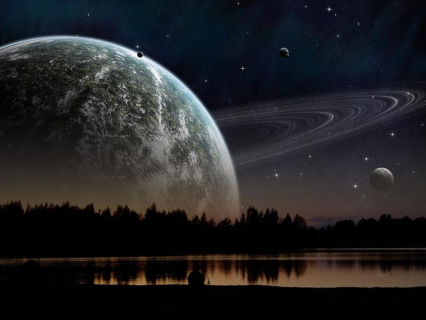 การสืบเชื้อสายทางจันทรคติ ดาวเคราะห์ ดวงจันทร์ คน ต้นไม้ อวกาศ ท้องฟ้า น้ำ วอลล์เปเปอร์ HD