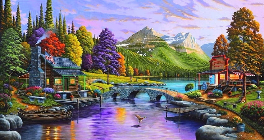秋のひととき、夢の魅力、色、絵画、全景、四季を愛する、湖、コテージ、ボート、木々、秋、自然、橋、秋の季節、風 高画質の壁紙