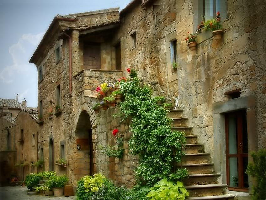 The Steps of Civita, building, sky, stairs, flowers HD wallpaper