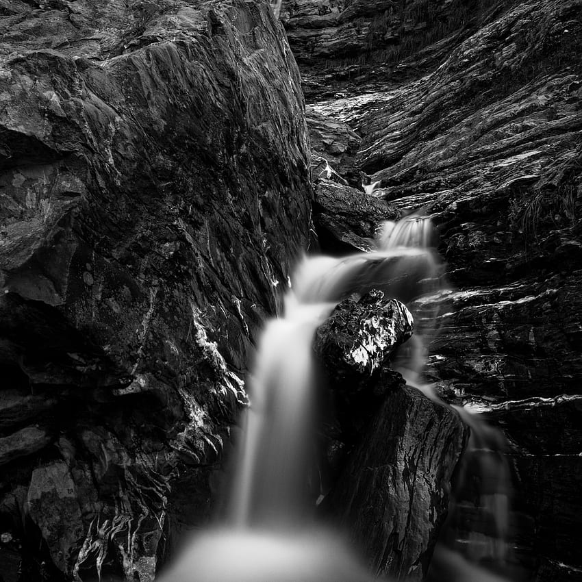 river, waterfall, bw, rock, landscape, Black and White Waterfall HD phone wallpaper