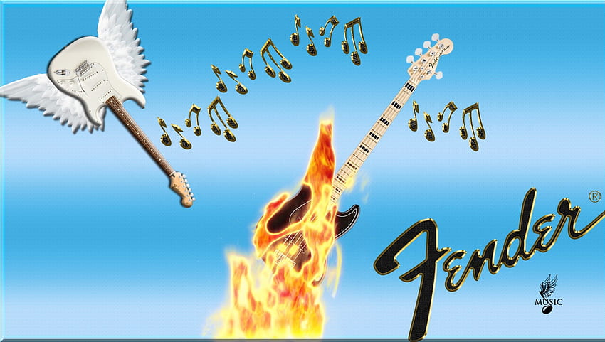 フェンダー ベース ギター オッド コンセプト、ブルー、ノート、翼、ギター、ギター、炎、天使、フェンダー、ベース、音楽、火 高画質の壁紙