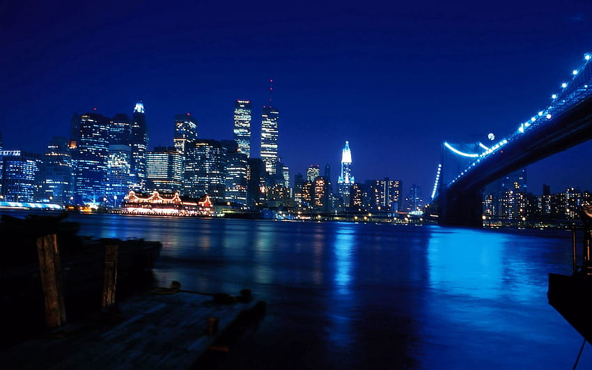 Cities, Rivers, Night, City, Skyscrapers, Bridge, New York, Manhattan, Twin Towers, Wtc, Vtc, World Trade Center HD wallpaper