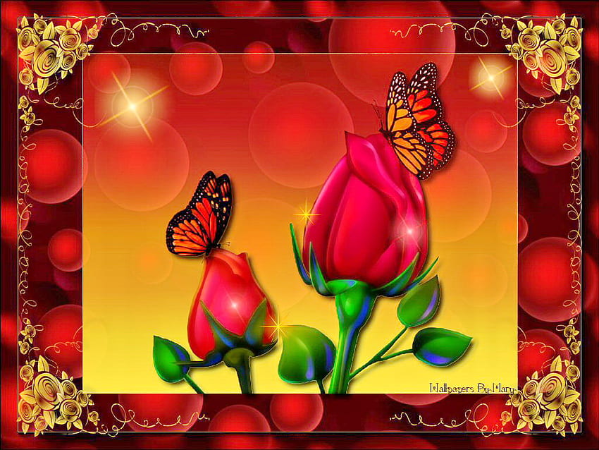 バラと翼、蝶、抽象、バラ、赤、花、春 高画質の壁紙