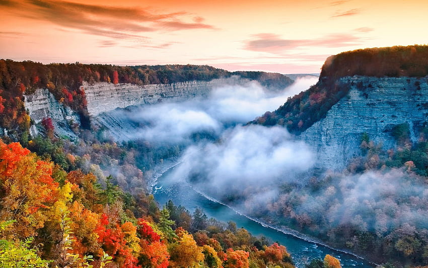 Matahari terbit berkabut, sungai, New York, ngarai, kabut pagi, musim gugur, indah, hutan Wallpaper HD