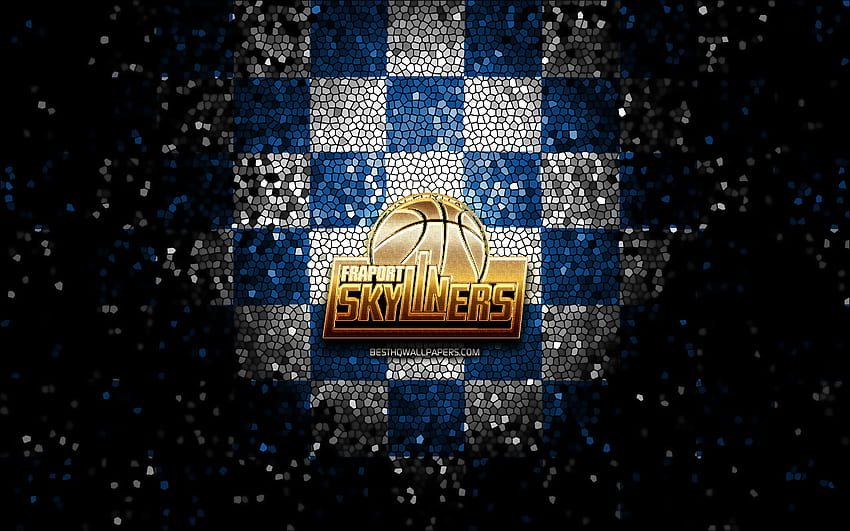 Skyliners Frankfurt, glitter logo, BBL, blue white checkered background, basketball, german basketball club, Skyliners Frankfurt logo, mosaic art, Basketball Bundesliga HD wallpaper
