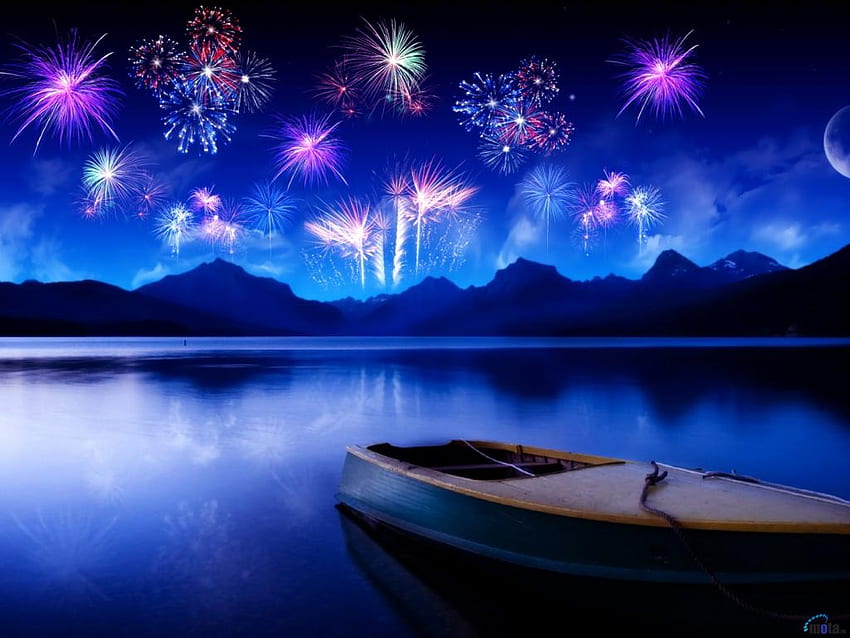 fuegos artificiales en el lago, azul, barco, lagos, reflejo, paisaje, cielo, naturaleza, fuego fondo de pantalla