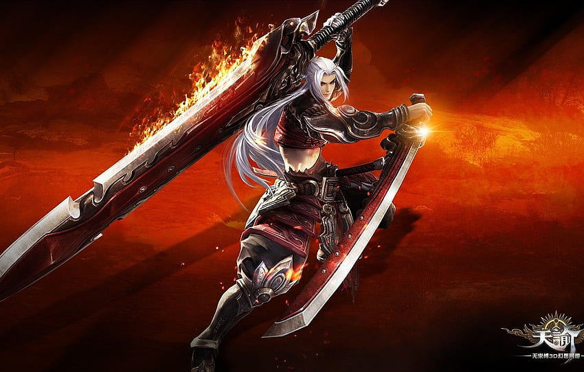 fire, red, flame, sword, game, online, ken, blade, warrior, spark, Revelation Online, silver fox, chinese game for , section игры, Online Games HD wallpaper