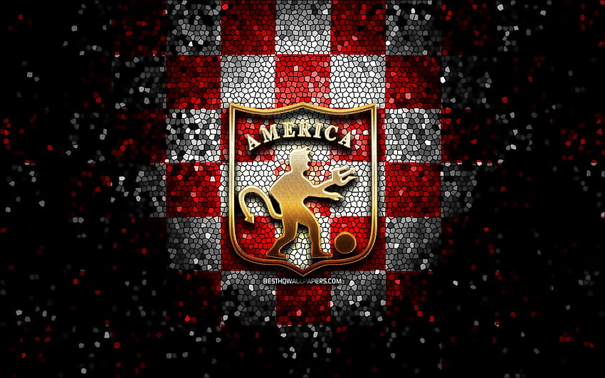 America de Cali FC, brokatowe logo, Categoria Primera A, czerwono-białe tło w kratkę, piłka nożna, kolumbijski klub piłkarski, logo America de Cali, mozaika, piłka nożna, America de Cali SA, kolumbijska liga piłkarska Tapeta HD
