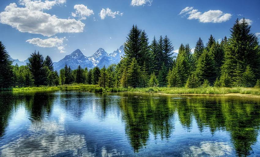 Природа, вода, дървета, небе, планини, езеро, отражение HD тапет