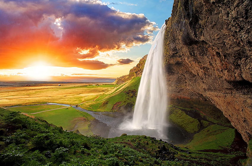 Iceland Seljalandsfoss Rock Nature Waterfalls Scenery Sunrises HD wallpaper