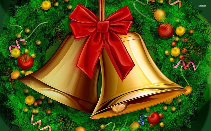 Golden Christmas bells in a wreath - Holiday HD wallpaper
