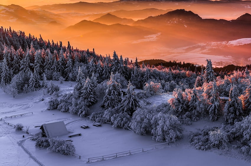 Schöne Aussicht, Winter, Landschaft, Schnee, Wolken, Bäume, Natur, Himmel, Berge, Pracht, Winterzeit, Sonnenuntergang HD-Hintergrundbild