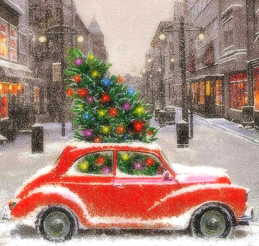 クリスマスの赤い車、冬、休日、都市、冬休み、車、夢の中のアトラクション、絵画、赤い車、四季が大好き、クリスマス、雪、絵を描いてペイント、ヴィンテージカー、クリスマスと新年、クリスマスツリー 高画質の壁紙